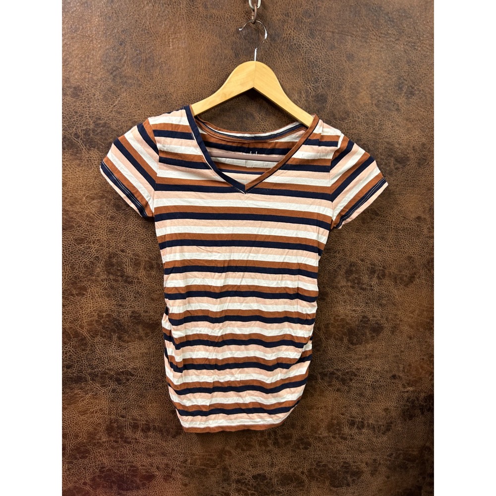 Isabel Maternity Striped V Neck Ruched‎ Side T Shirt Womens XS Brown